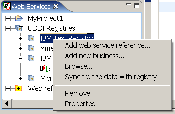 UDDI registry context menu